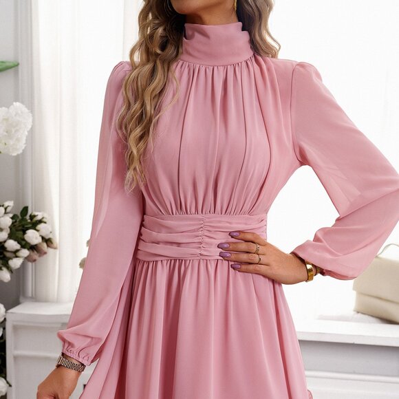 Frill Ruched Mock Neck Balloon Sleeve Dress - Picture 1 of 8